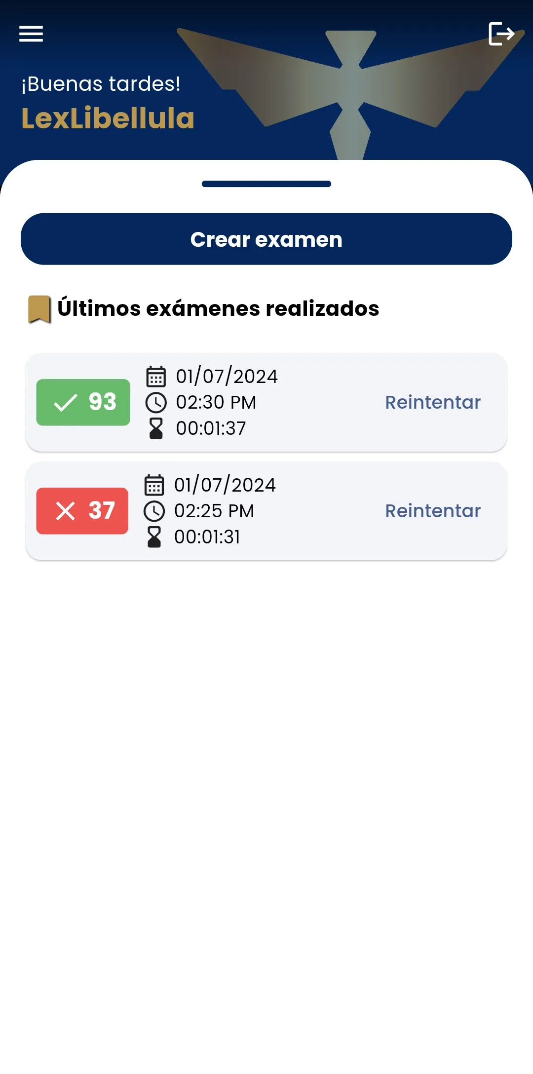 Pantalla de inicio de la app Lex Libellula con el botón para crear un examen y el historial de exámenes recientes.